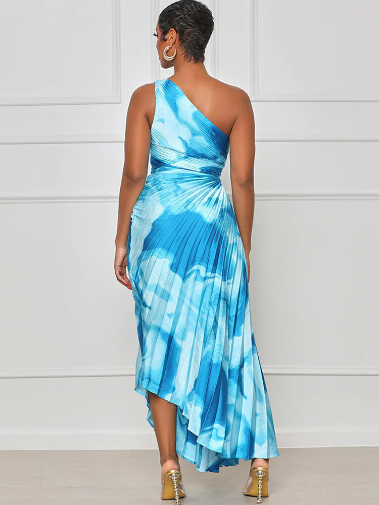 One Shouler Tie Dye Ruched Midi Dresses