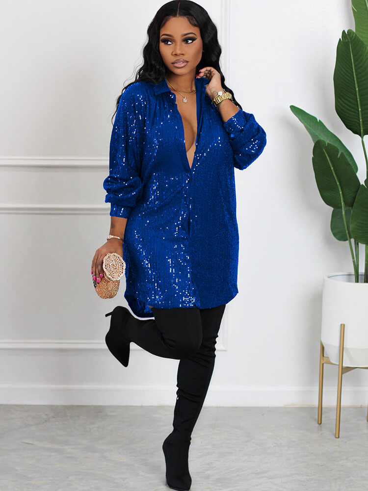 Sequin Patchwork Long Sleeve Bodycon Shirts