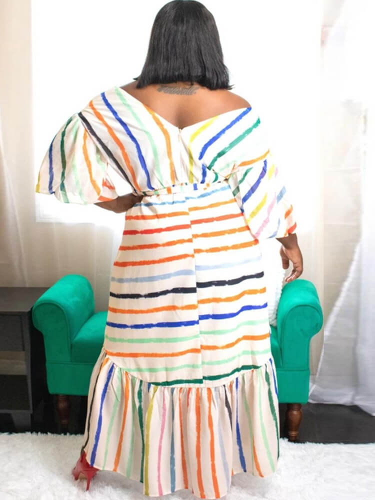 Long Sleeve Off Shoulder Striped Ruffle Dresses