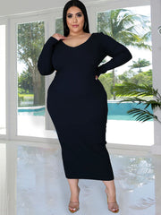 Plus Size Ribbed Long Sleeves Midi Dresses