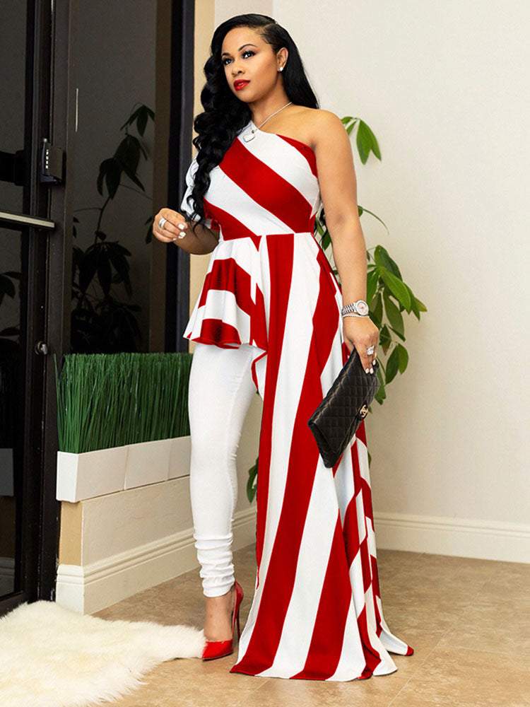 One Shoulder  Stripe High Low Hem Maxi Dresses