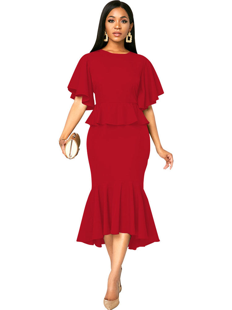 Ruffle Short Sleeve Bodycon Midi Dresses