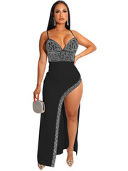 Spaghetti Strap Rhinestone Split Maxi Dresses