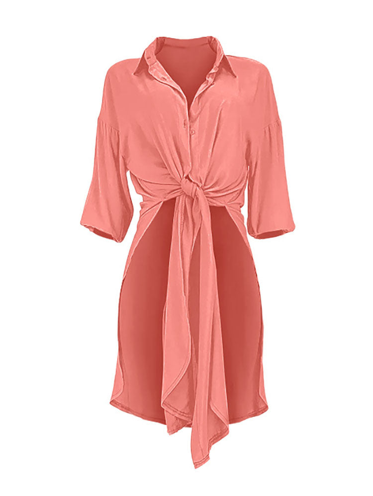 Long Sleeves Knot Front Asymmetrical Shirts