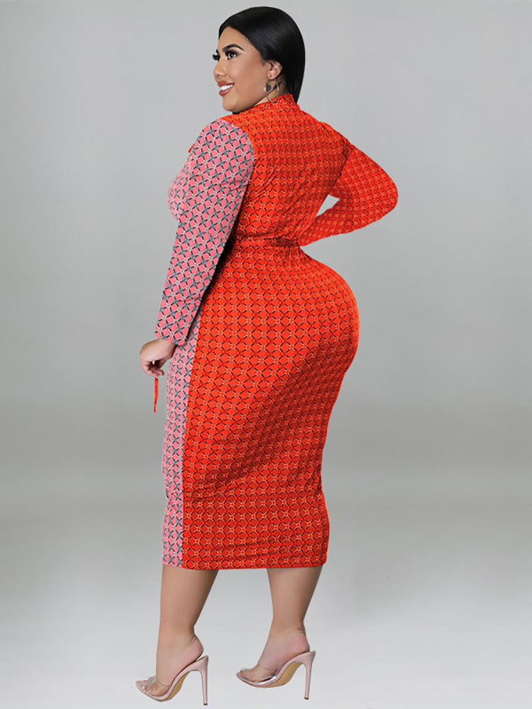 Plus Size Color Block Belted Midi Dresses