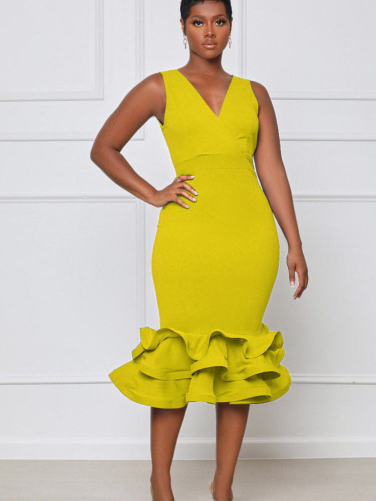 V Neck Ruffle Sleeveless Midi Dresses