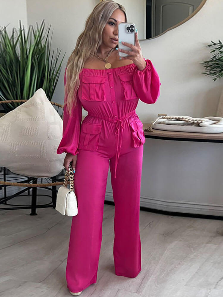 Off Shoulder Long Sleeve Strappy Waisted Jumpsuits