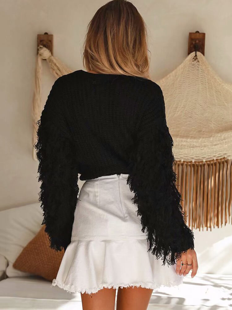 Knit Long Sleeve Tassel Bodycon Sweater