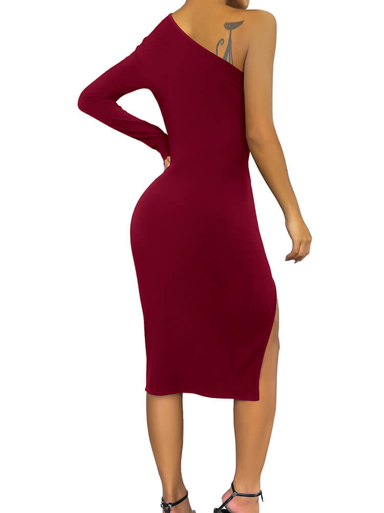 One Shoulder Cutout Slit Midi Dresses