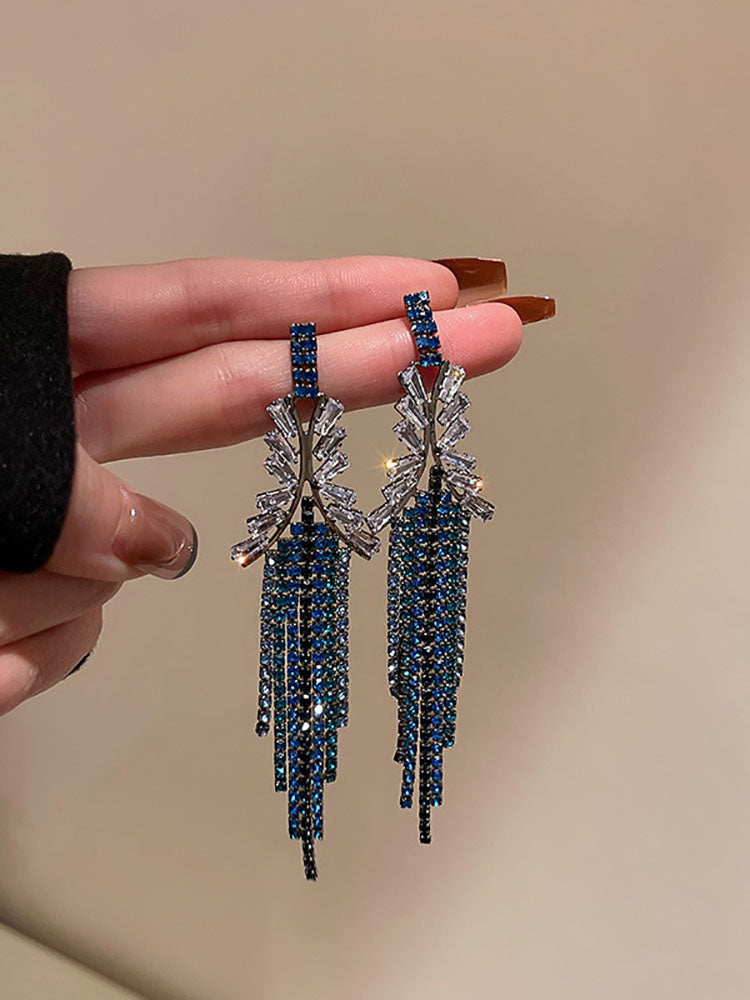 Rhinestone Butterfly Heart Tassel Earrings