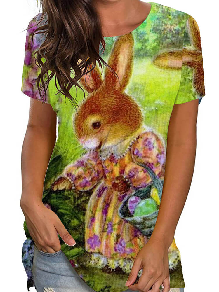 Plus Size Easter Short Sleeve Bunny Print T-shirt