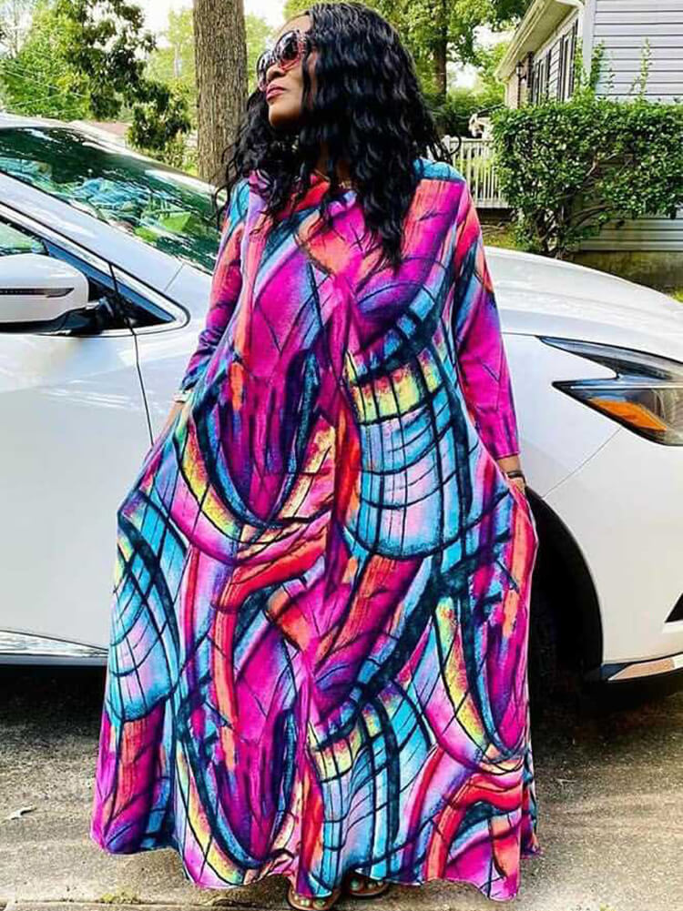 Plus Size Long Sleeve Printed Maxi Dresses