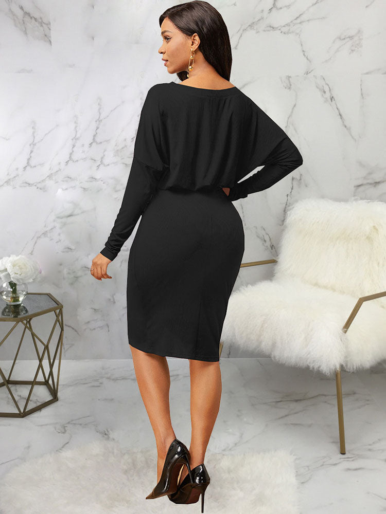 Ruched One Shoulder Long Sleeve Midi Dresses