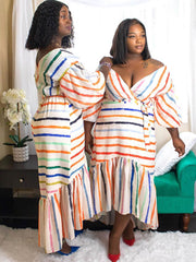 Long Sleeve Off Shoulder Striped Ruffle Dresses