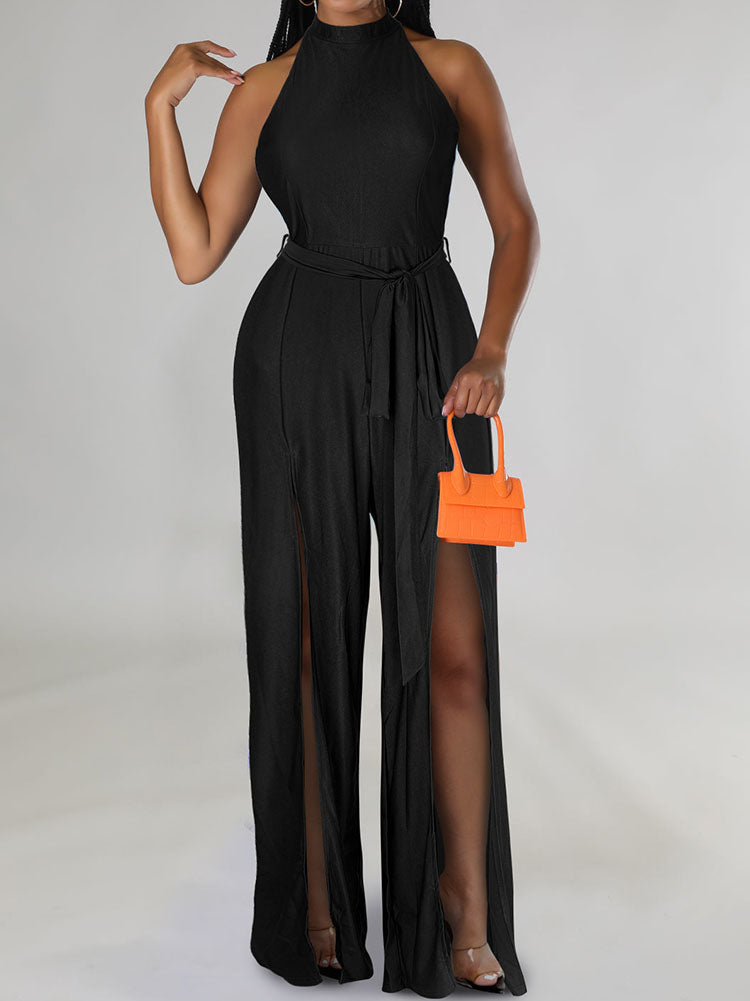 Sleeveless Off Shoulder Halter High Waist Split Jumpsuits