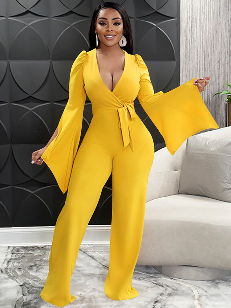 Long Sleeve Tie Up V Neck Jumpsuits