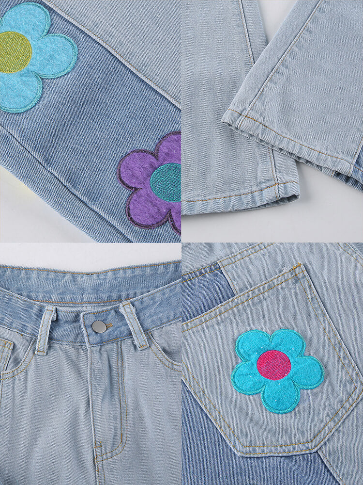 Denim Patchwork Floral Print Straight Jeans