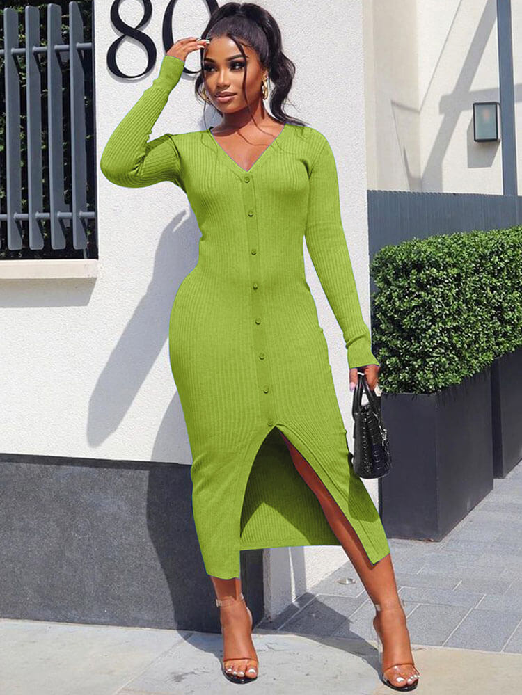 Ribbed Knitted Split Bodycon Midi Dresses