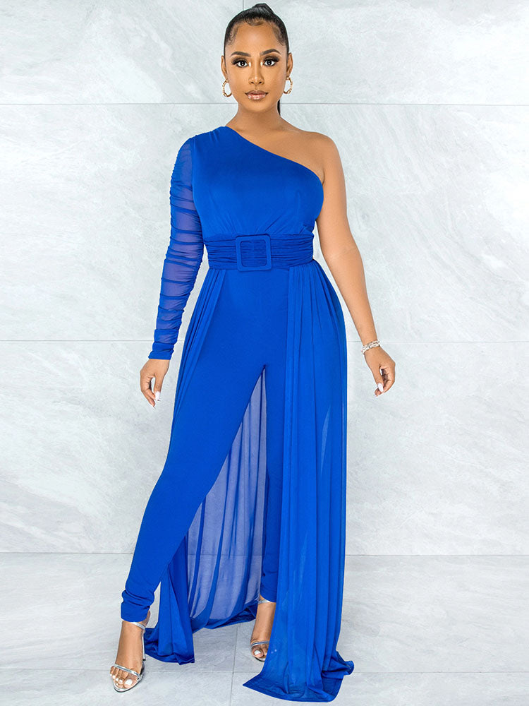 One Shoulder Mesh Patchwork Belted Jumpsuits