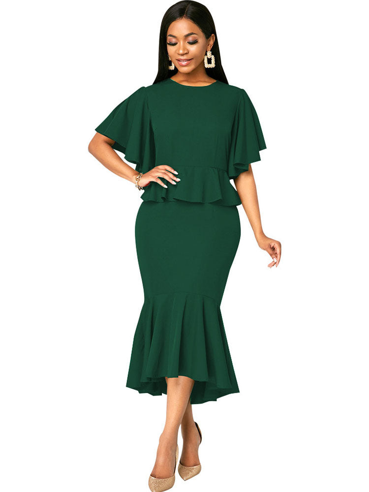 Ruffle Short Sleeve Bodycon Midi Dresses