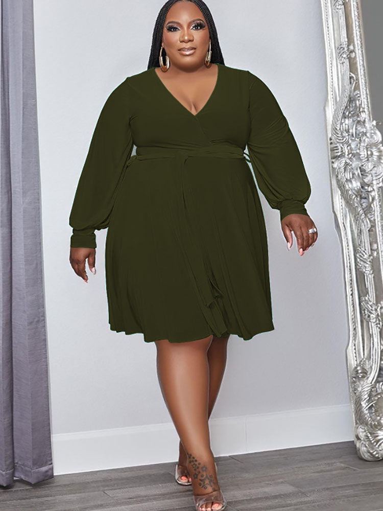 Plus Size Long Sleeves High Waist Midi Dresses