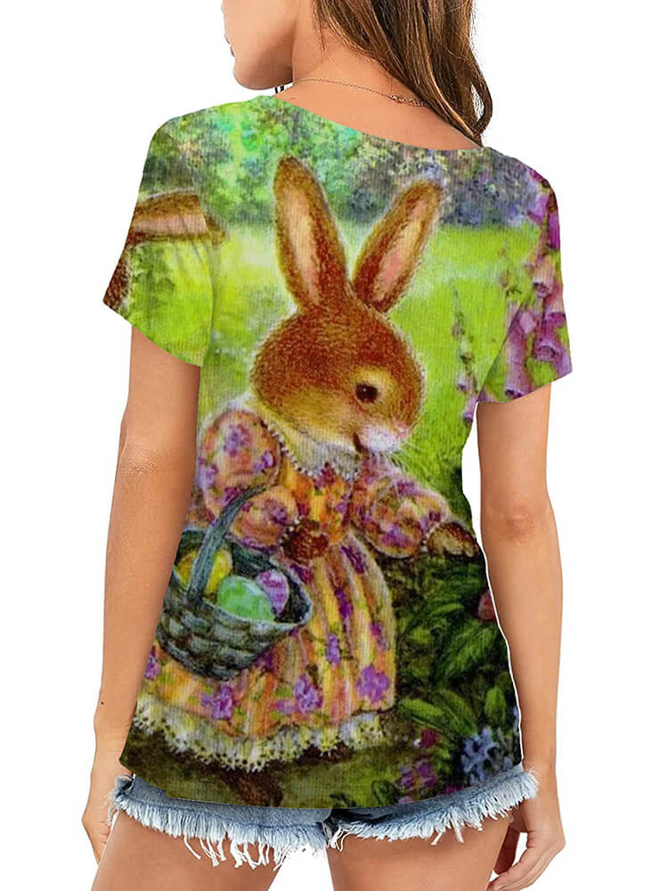 Plus Size Easter Short Sleeve Bunny Print T-shirt