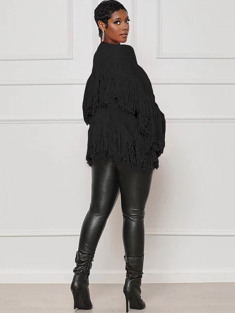 Knit Long Sleeve Tassel Ribbed Cardigan