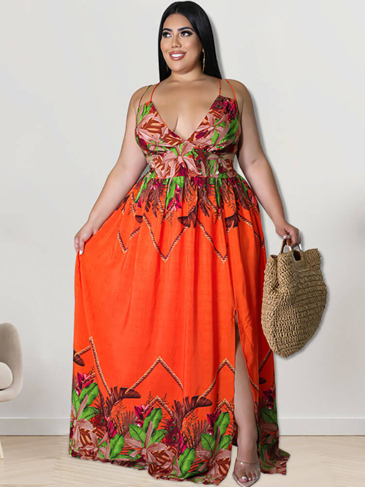 V Neck Floral Print Maxi Dresses