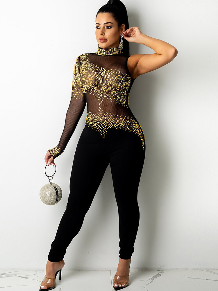 Rhinestone Mesh Patchwork Zip Up Bodycon Jumpsuits