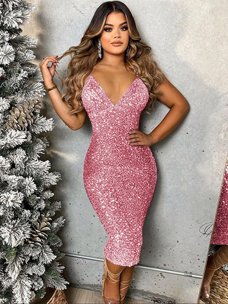 Spaghetti Strap Sequin Backless Midi Dresses