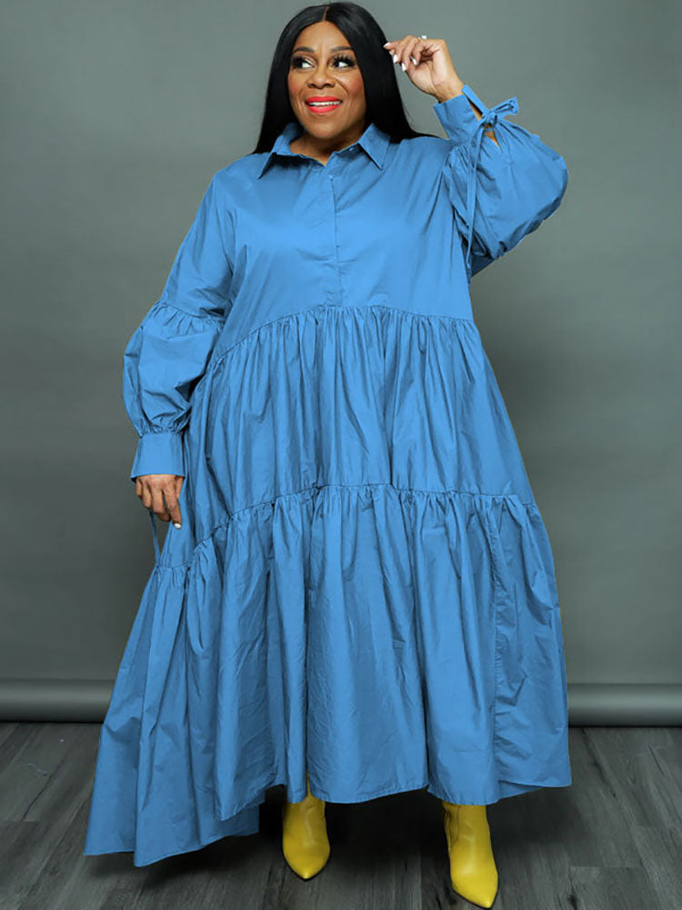 Plus Size Long Sleeves Ruffle Hem Maxi Dresses