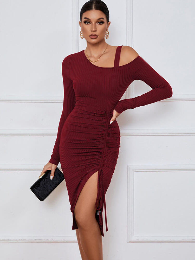 One Shoulder Ribbed Knit Drawstring Slit Midi Dresses