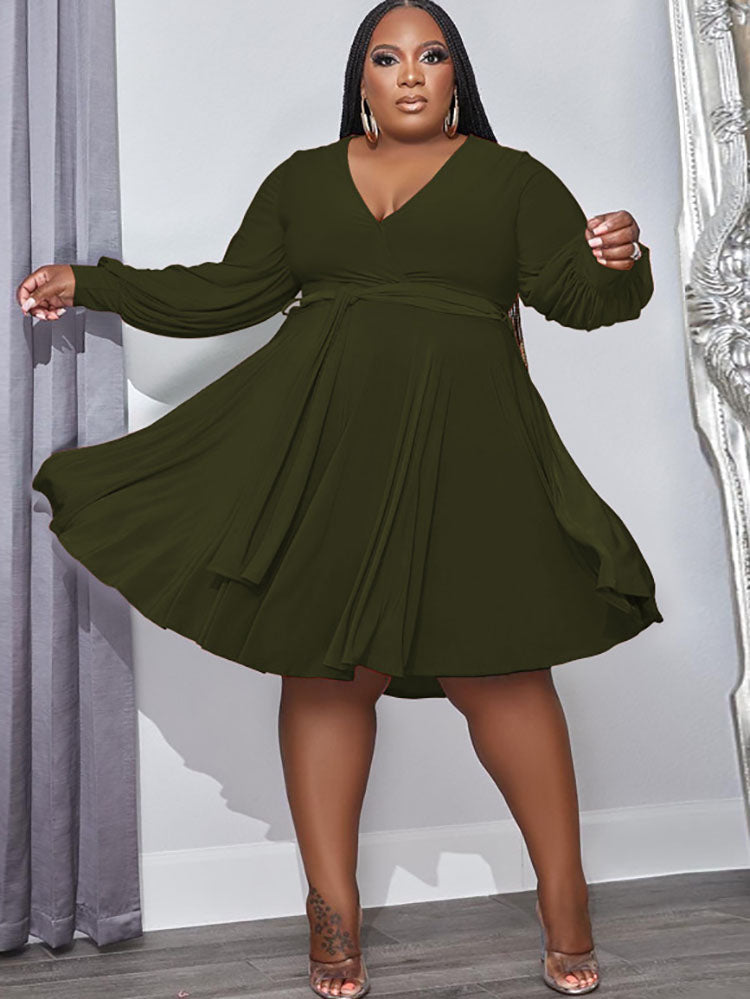 Plus Size Long Sleeves High Waist Midi Dresses