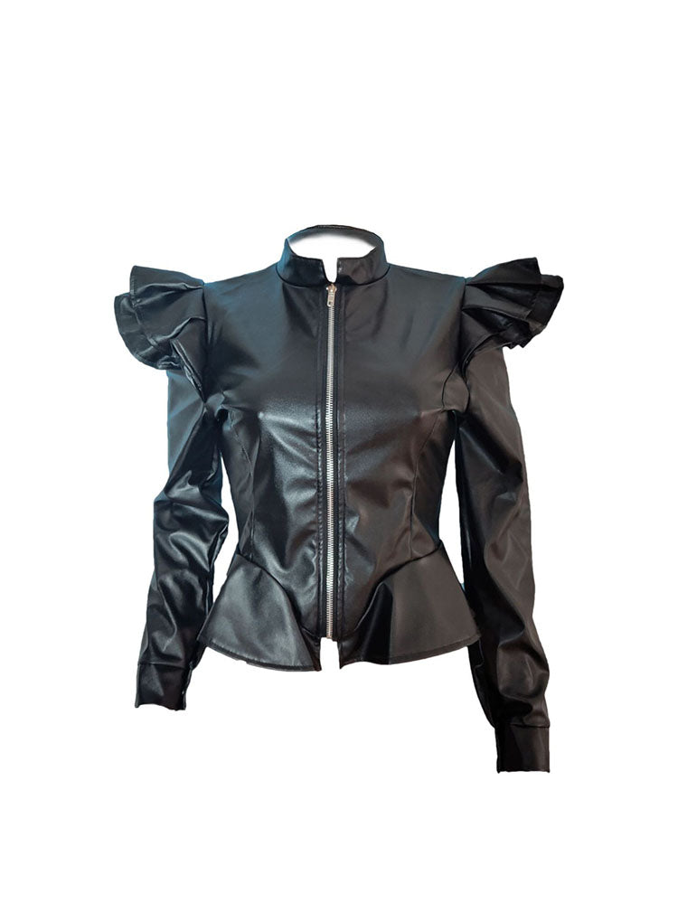 PU Leather Ruffle Long Sleeves Jackets