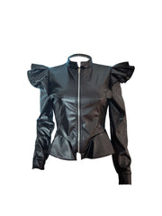 PU Leather Ruffle Long Sleeves Jackets