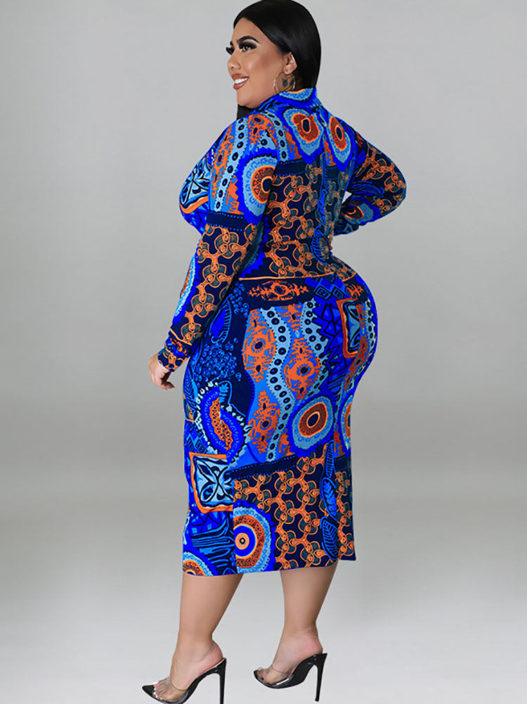 Plus Size Long Sleeve Lapel V Neck Midi Dresses