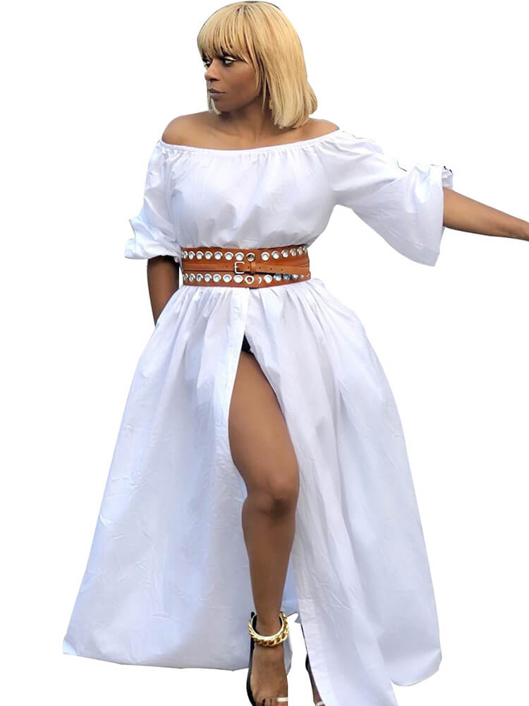 Off Shoulder Puff Sleeve High Slit Button Down Maxi Dresses