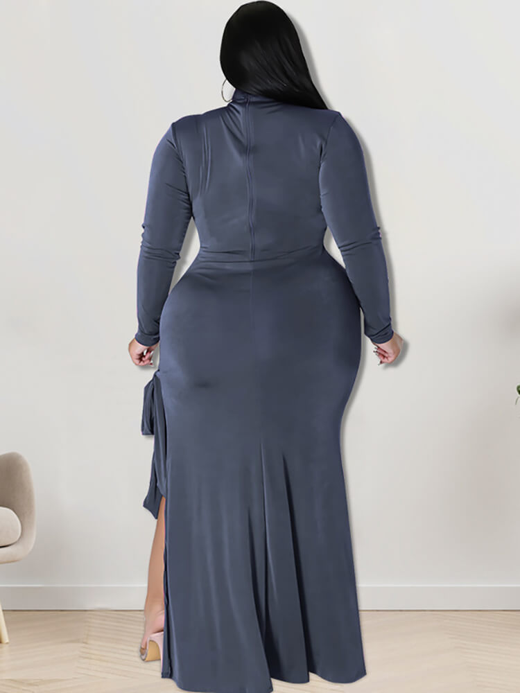 Plus Size Mock Neck Long Sleeve Strappy Slit Maxi Dresses