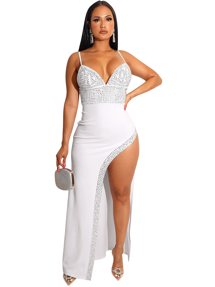 Spaghetti Strap Rhinestone Split Maxi Dresses