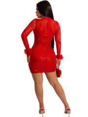 Sequins Mock Neck Long Fuzzy Sleeve Mini Dresses