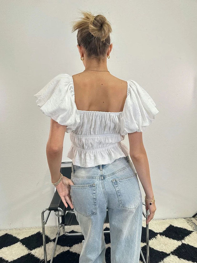 Square Neck Ruffle Ruched Crop Top