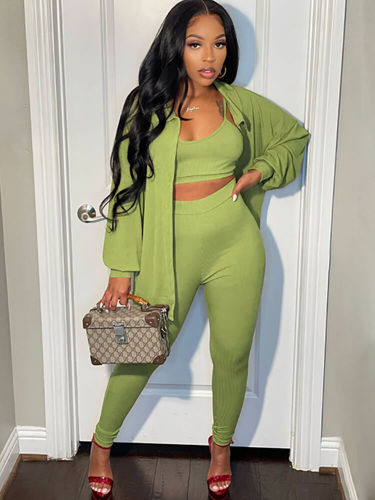 Three Piece Long Sleeve Solid Pants Suit