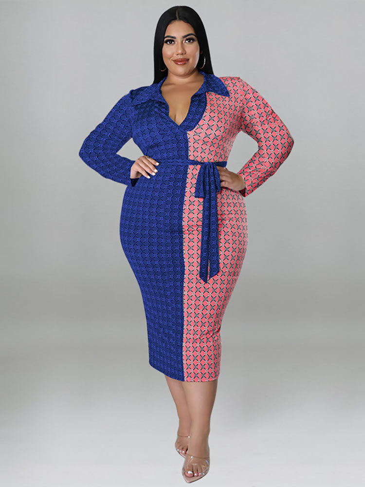 Plus Size Color Block Belted Midi Dresses