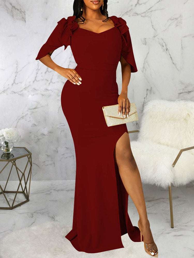 Square Neck Short Sleeves Maxi Dresses