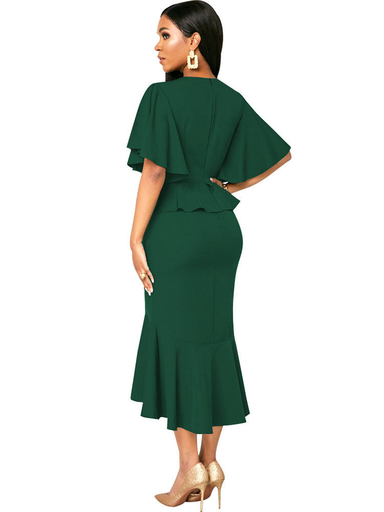 Ruffle Short Sleeve Bodycon Midi Dresses