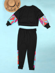 Two Piece Long Sleeve Print Patchwork Pullover & Pants