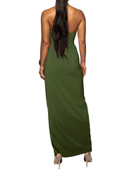 Sleeveless Halter High Waist Ruched Split Maxi Dresses