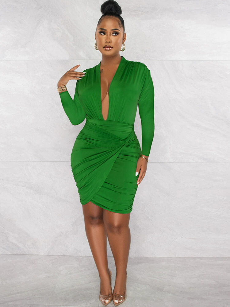 V Neck Long Sleeve Ruched Wrap Mini Dresses