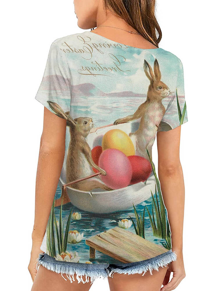 Plus Size Easter Short Sleeve Bunny Print T-shirt