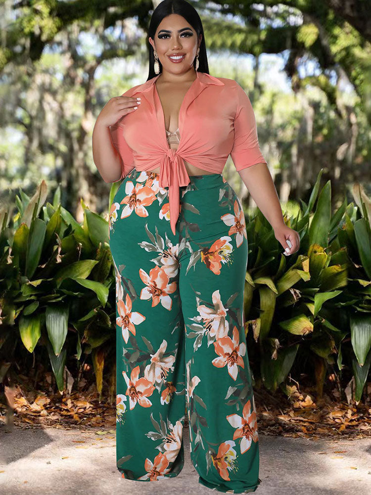 Plus Size Two Piece Crop Top Long Pants Outfits